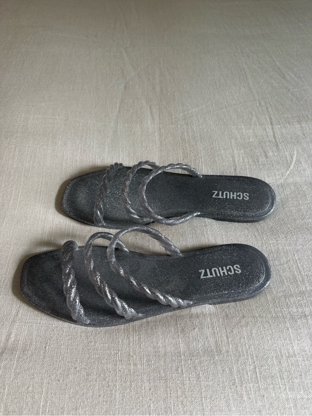 SCHUTZ Silver Braided Strap Slide Sandals